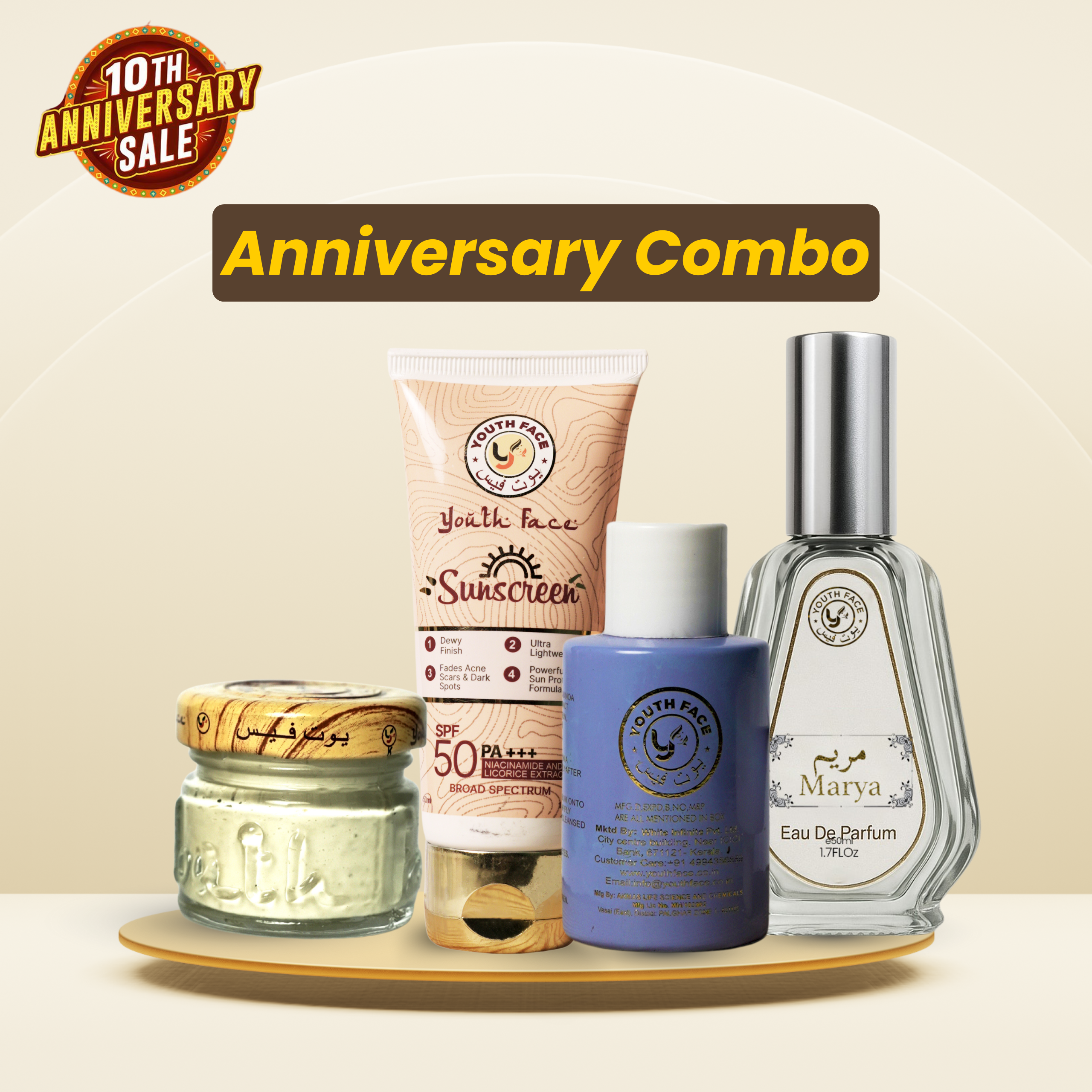 Mega Anniversary Combo - Beauty Cream + Face wash + Sunscreen + Pimple Free Serum + Perfume Marya